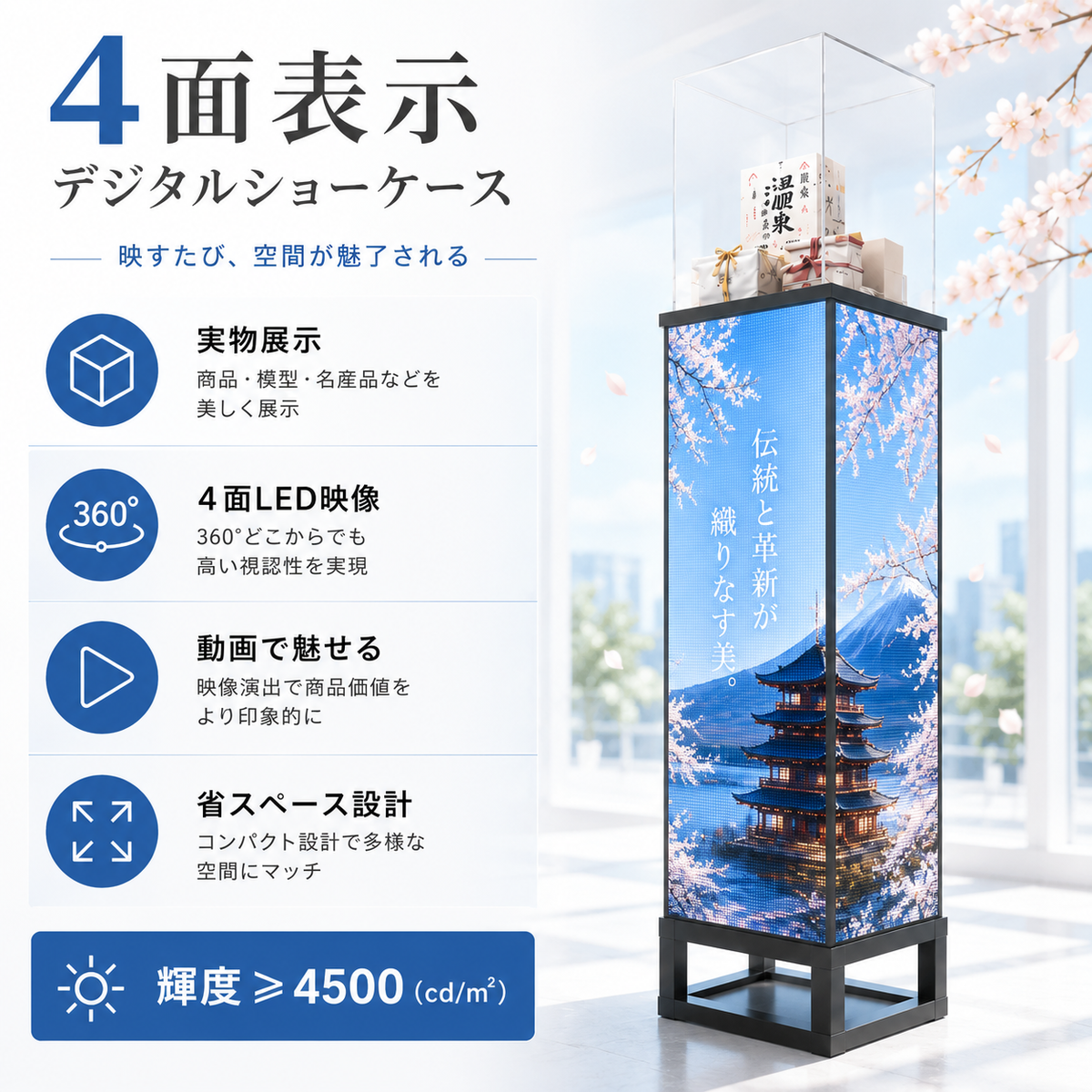 展示物× 4面表示LEDディスプレイデジタル アクリルショーケース付き4FDSP-1415