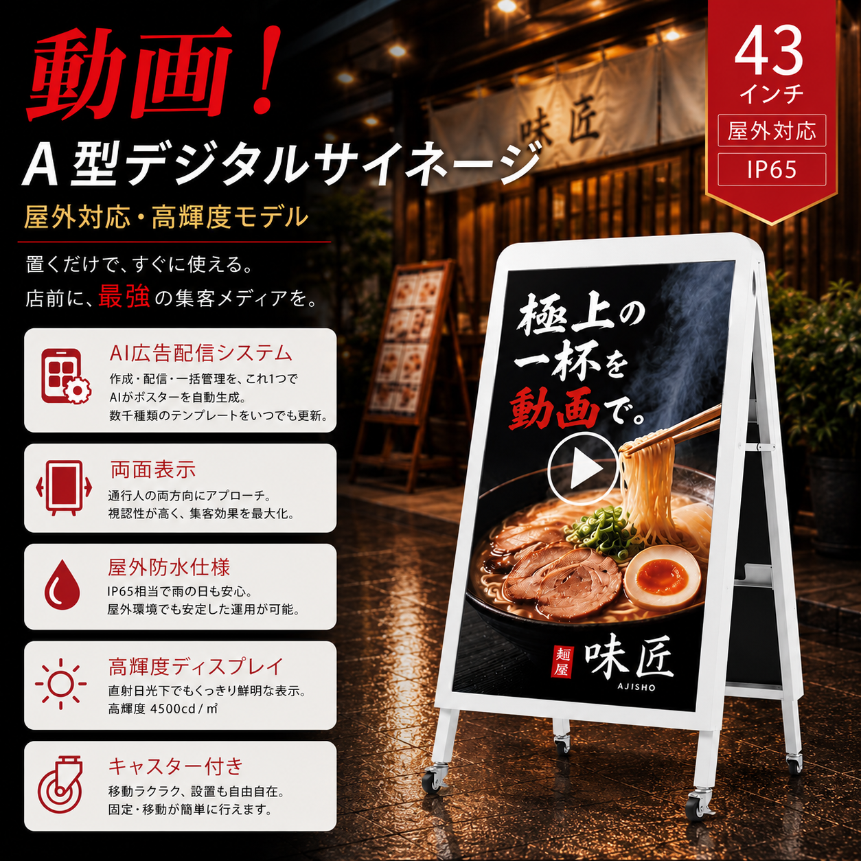 キャスター付き屋外仕様両面表示43インチ画面A型デジタルサイネージ