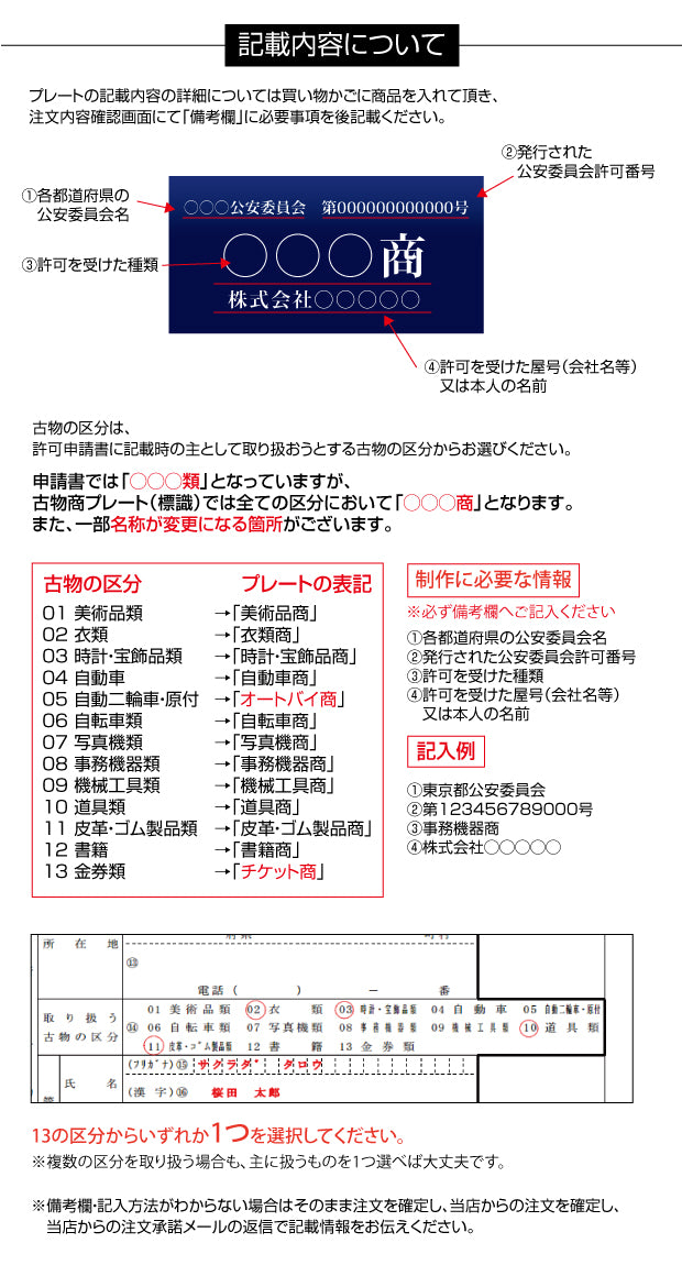 古物商 許可証 アクリル製 古物商プレート160×80mm(紺色)(壁掛け用穴ありタイプ)/許可証 看板 警視庁公安委員会指定 古物商許可証 curio-navy-hole