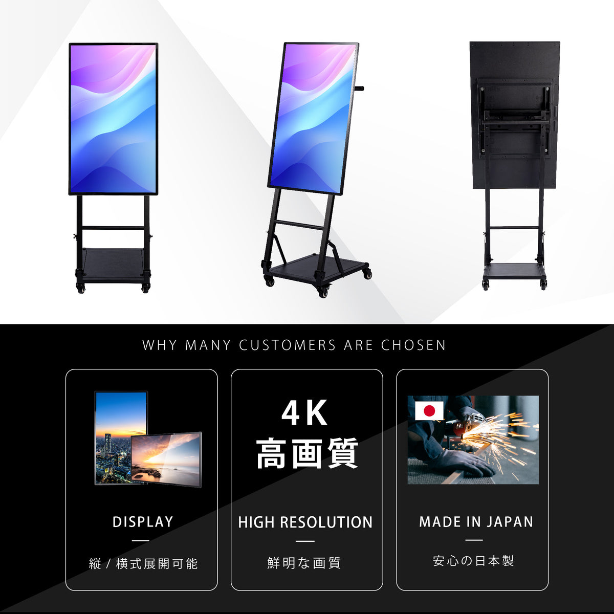 デジタルサイネージ 43インチ 4K 傾斜型スタンドセット 縦横自由 可動 業務用 電子看板 ディスプレイ USBメモリー 大画面 液晶ディスプレイ 看板 店舗用 広告モニター 液晶パネル dsns-43-4k-j