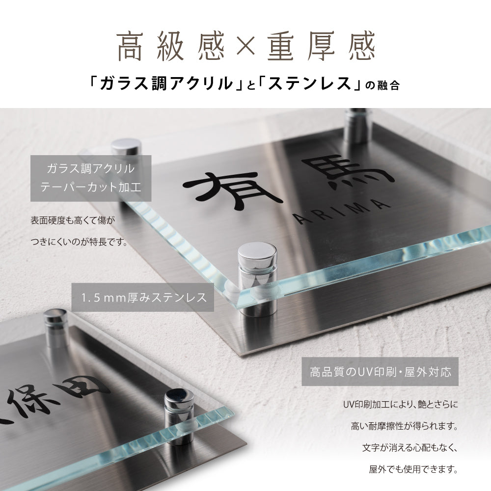 表札 おしゃれ 戸建て ガラス×ステンレス 約130角/150角 門柱 新築祝い gs-nmpl-1044