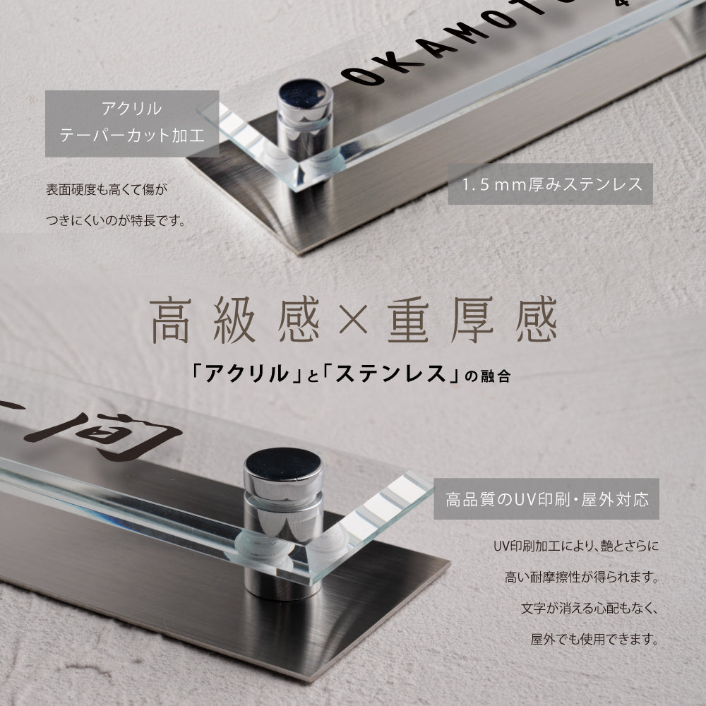 表札 おしゃれ 戸建て ガラス×ステンレス 約W190mm×H90mm 門柱 新築祝い gs-nmpl-1057