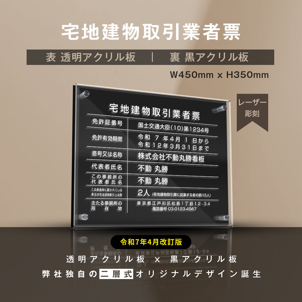 宅地建物取引業者票【透明アクリル×黒アクリル板】【文字彫刻加工】横450×縦350×厚さ5mm 許可票 gs-pl-tr-t-ck