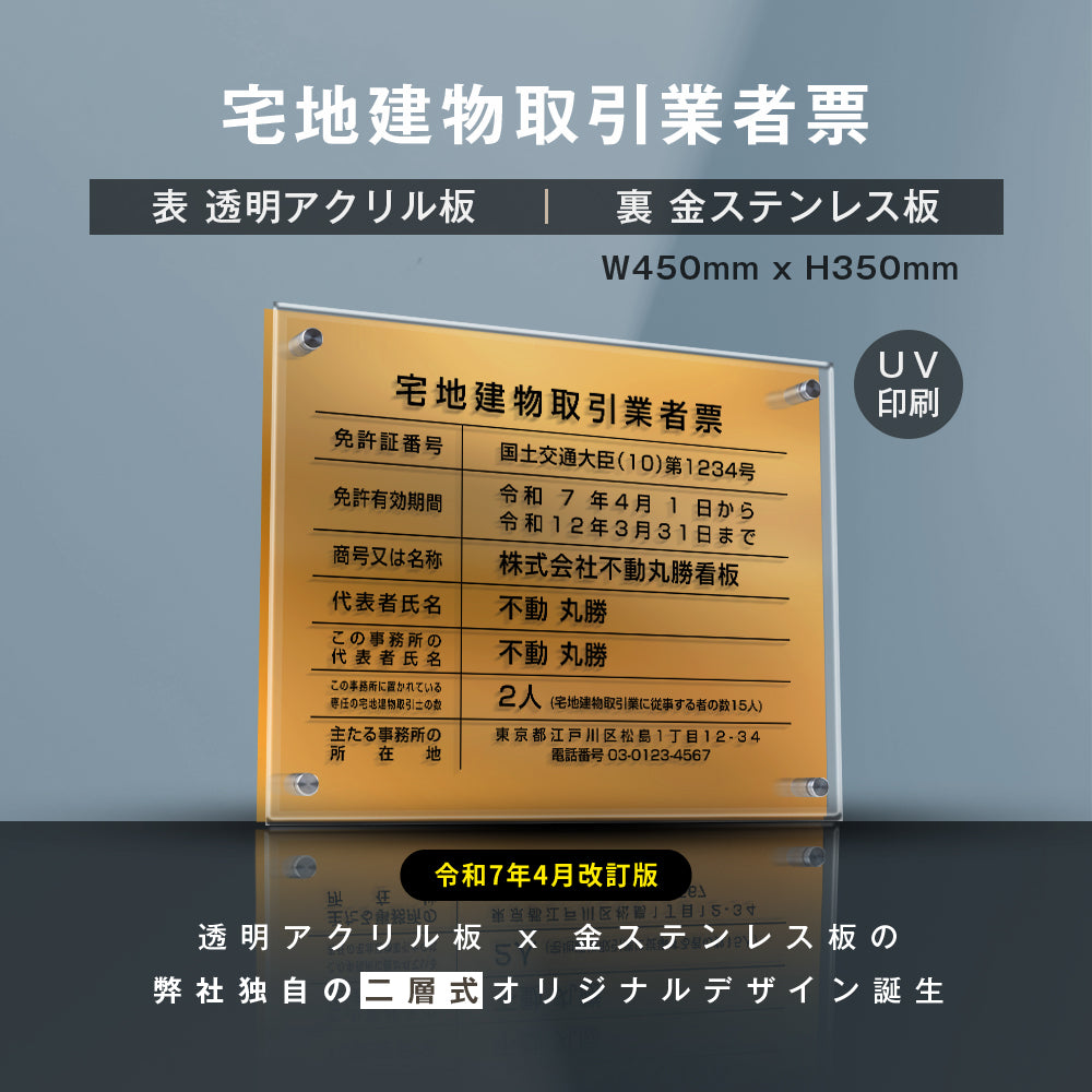 宅地建物取引業者票【金ステンレス×アクリル板】横450×縦350mm 許可票 gs-pl-tr-t-gold