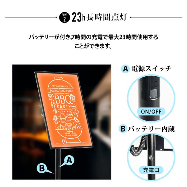 LEDライトパネル バッテリー式 ポールサインスタンド看板 差し込み式 縦横/高さ調節可 A3片面 led-ps-a3