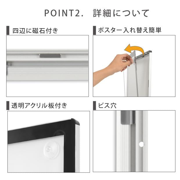 LEDポスターパネル 屋内用 薄型 角丸 フロントオープン磁石式 W457×H632mm シルバー/ブラック ポスターフレーム LEDパネル mgl-15r