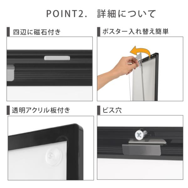 LEDポスターパネル 屋内用 薄型 角丸 フロントオープン磁石式 W765×H1068mm シルバー/ブラック ポスターフレーム LEDパネル mgl-40r