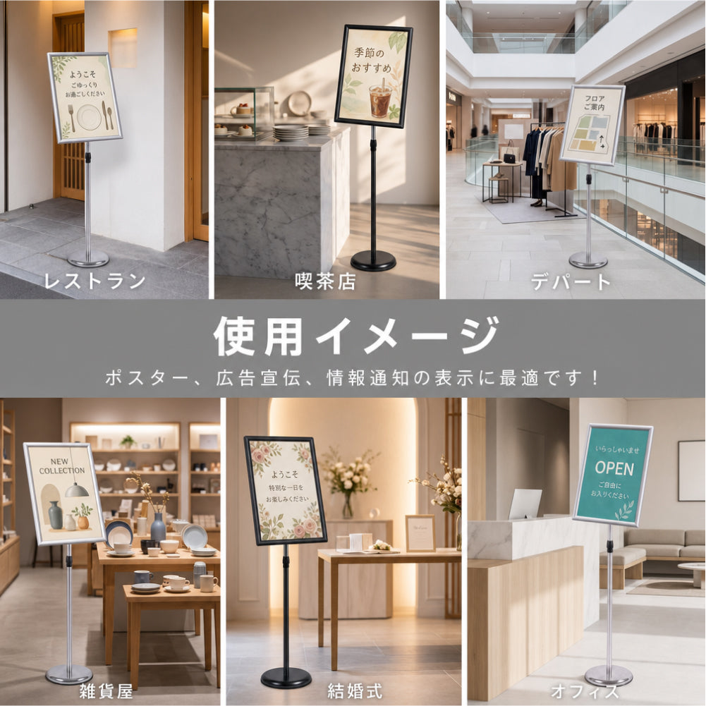 ポスター看板 A3 ポールスタンド 案内板 高さ調整 82.5-131cm 360度回転 前開きフレーム パネルスタンド 注水ベース 店舗用 メニュースタンド 屋内 ps-a3s