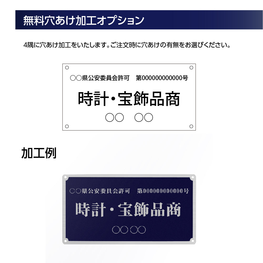 ステンレス製 古物商プレート168×88mm (紺色)(壁掛け用穴ありタイプ)/警察 公安委員会指定 格安 プレート 許可 標識 許可証 s-curio-navy-hole