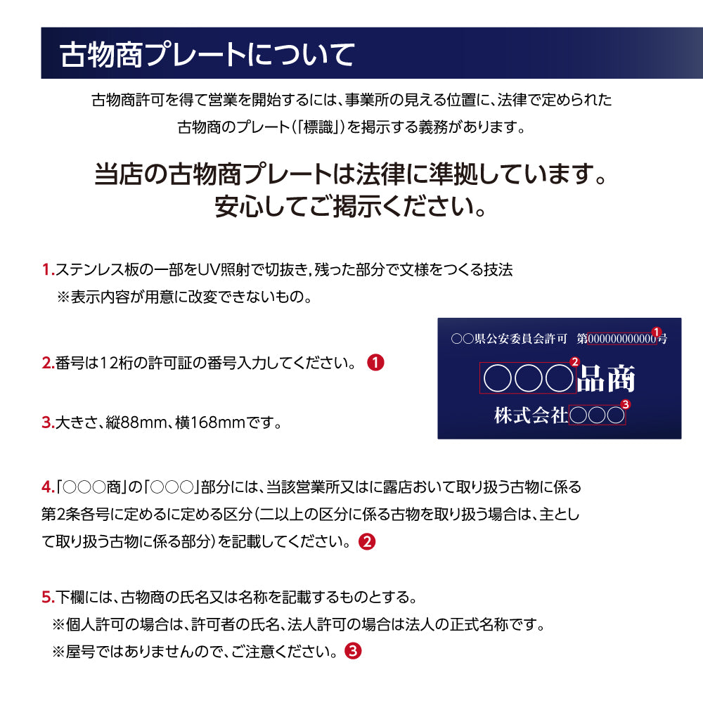 ステンレス製 古物商プレート168×88mm (紺色)(穴なしタイプ)/警察 公安委員会指定 格安 プレート 許可 標識 許可証 s-curio-navy