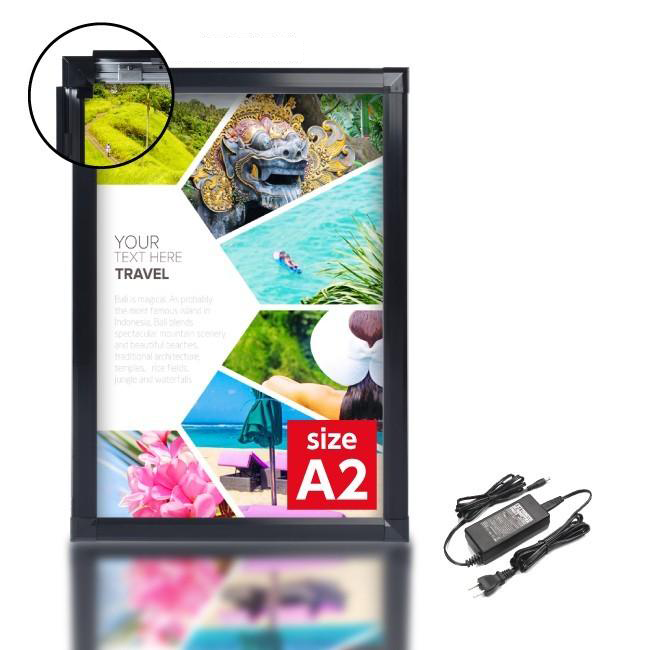 LEDポスターパネル 屋内用 A2 四辺開閉式 アルミフレーム 7000lux W465×H659mm シルバー/ブラック ポスターフレーム LEDパネル Y-PGP-A2