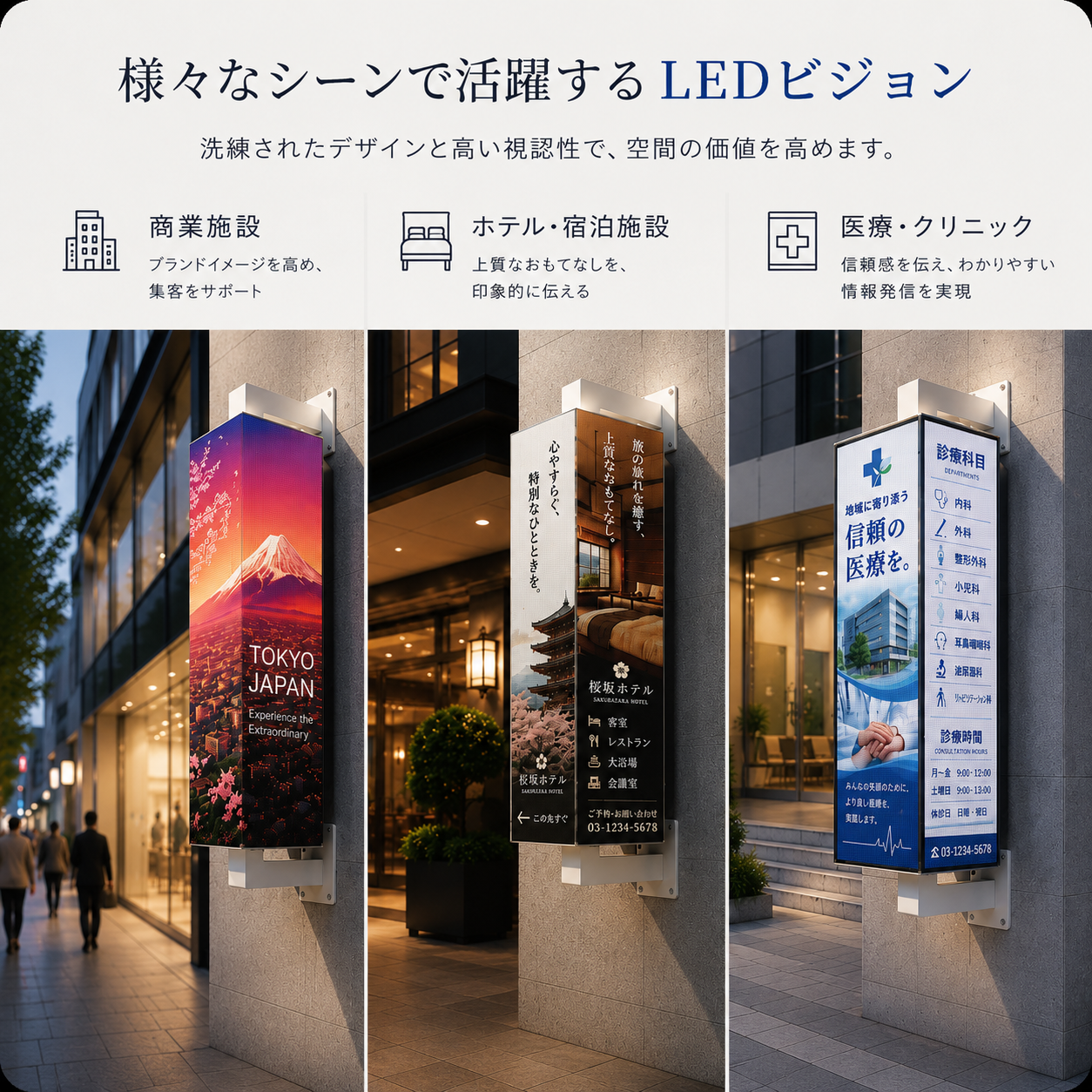 狭小スペースおすすめ3面体広告表示スマートLEDビジョン袖看板　270°高視認性モデル屋外対応 3FLV-893