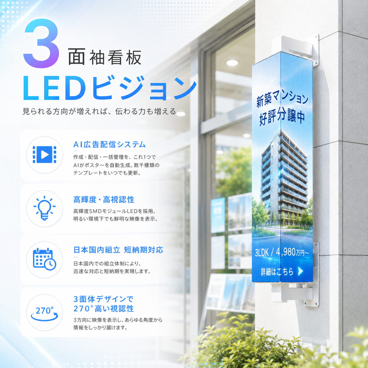 狭小スペースおすすめ3面体広告表示スマートLEDビジョン袖看板　270°高視認性モデル屋外対応 3FLV-893