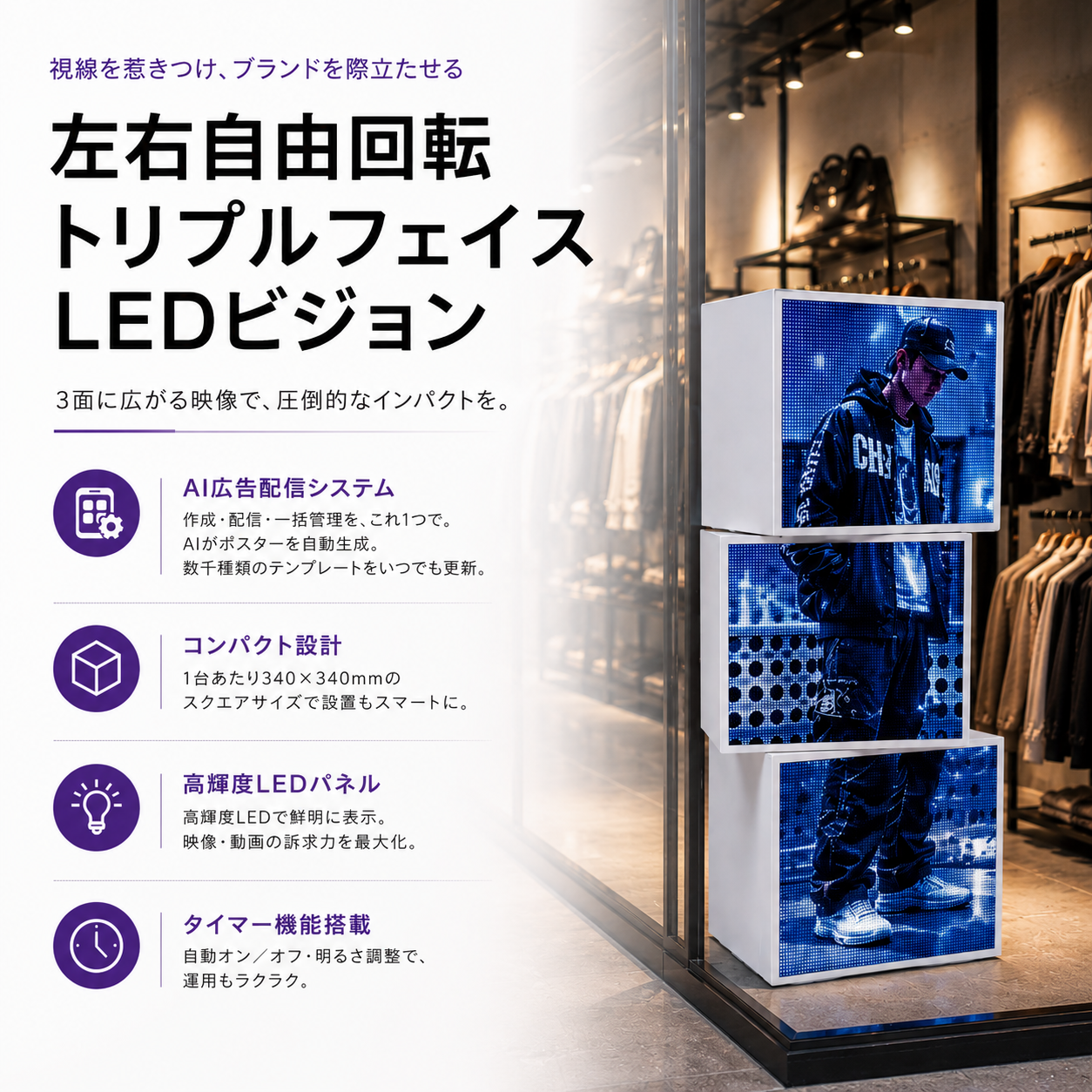 左右自由回転トリプルフェイスLEDビジョン スマートフォン送信内容変更
