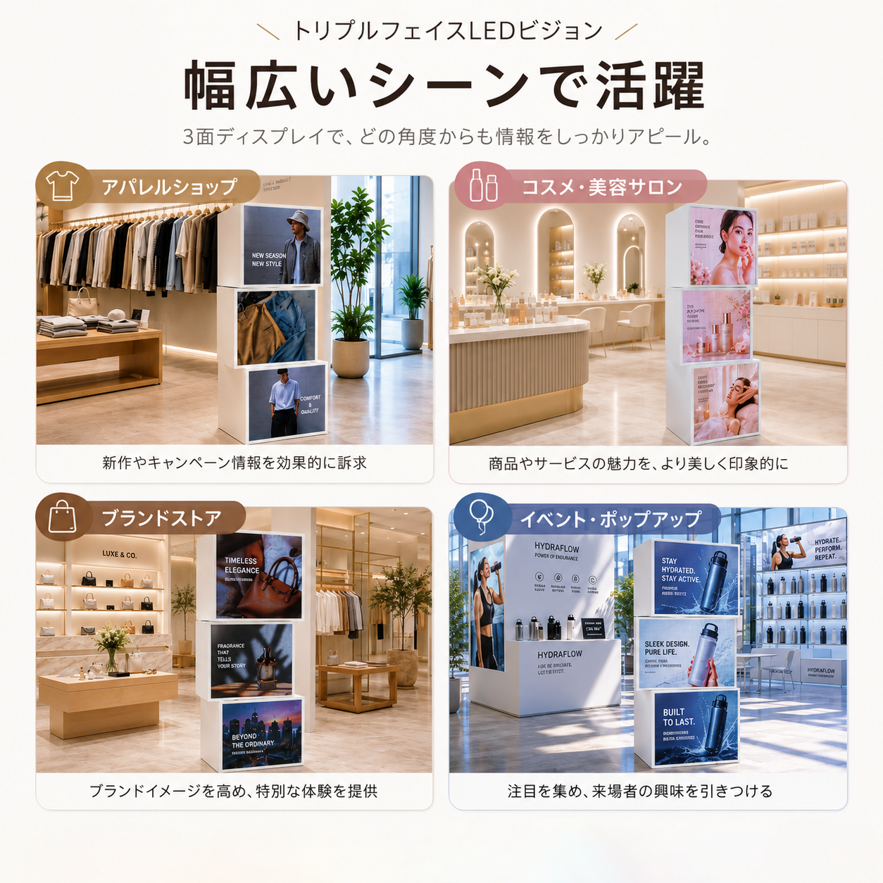 左右自由回転トリプルフェイスLEDビジョン スマートフォン送信内容変更