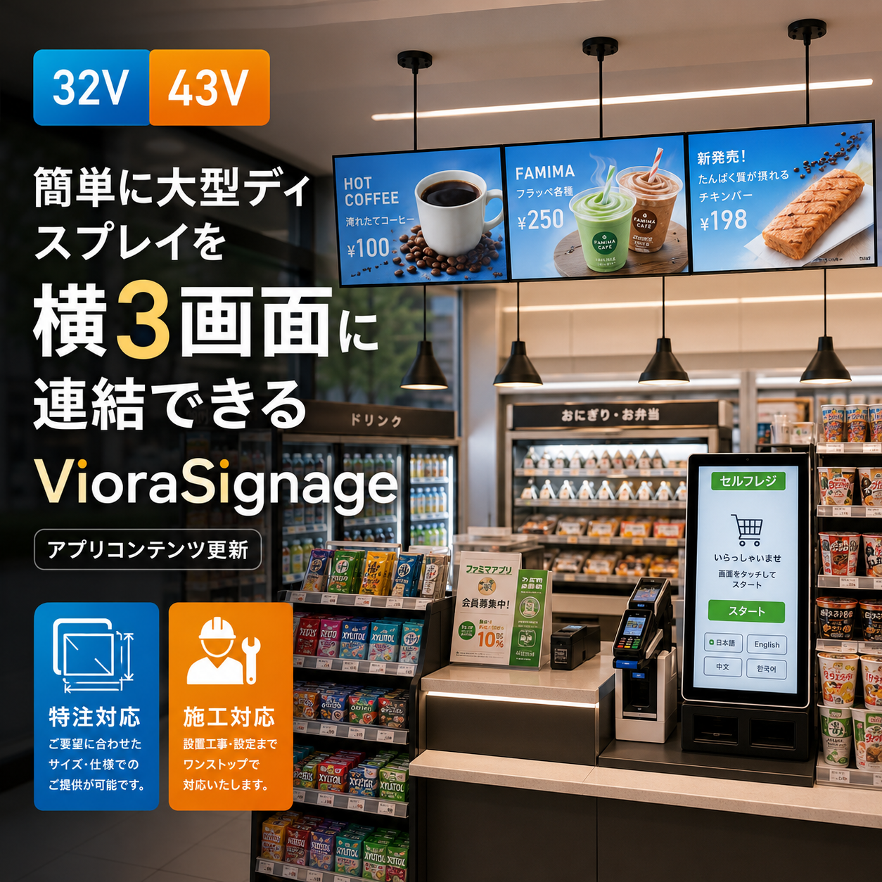 横3画面に連結できる簡単に大型ディスプレイ　32インチ43インチ対応特注対応施工相談3LP