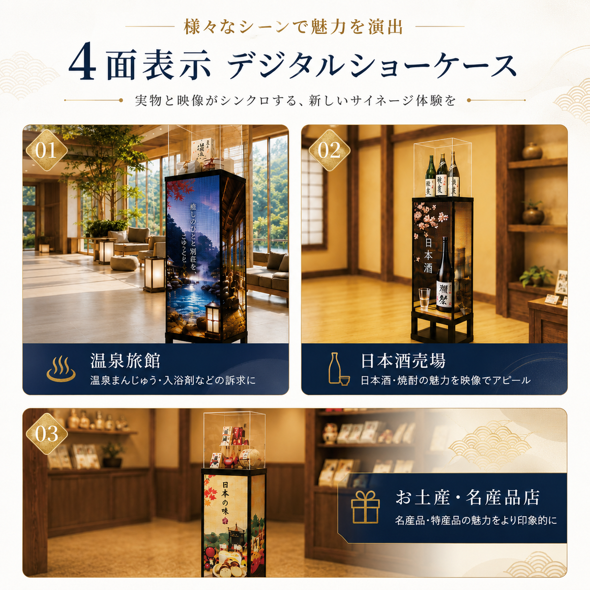 展示物× 4面表示LEDディスプレイデジタル アクリルショーケース付き4FDSP-1415