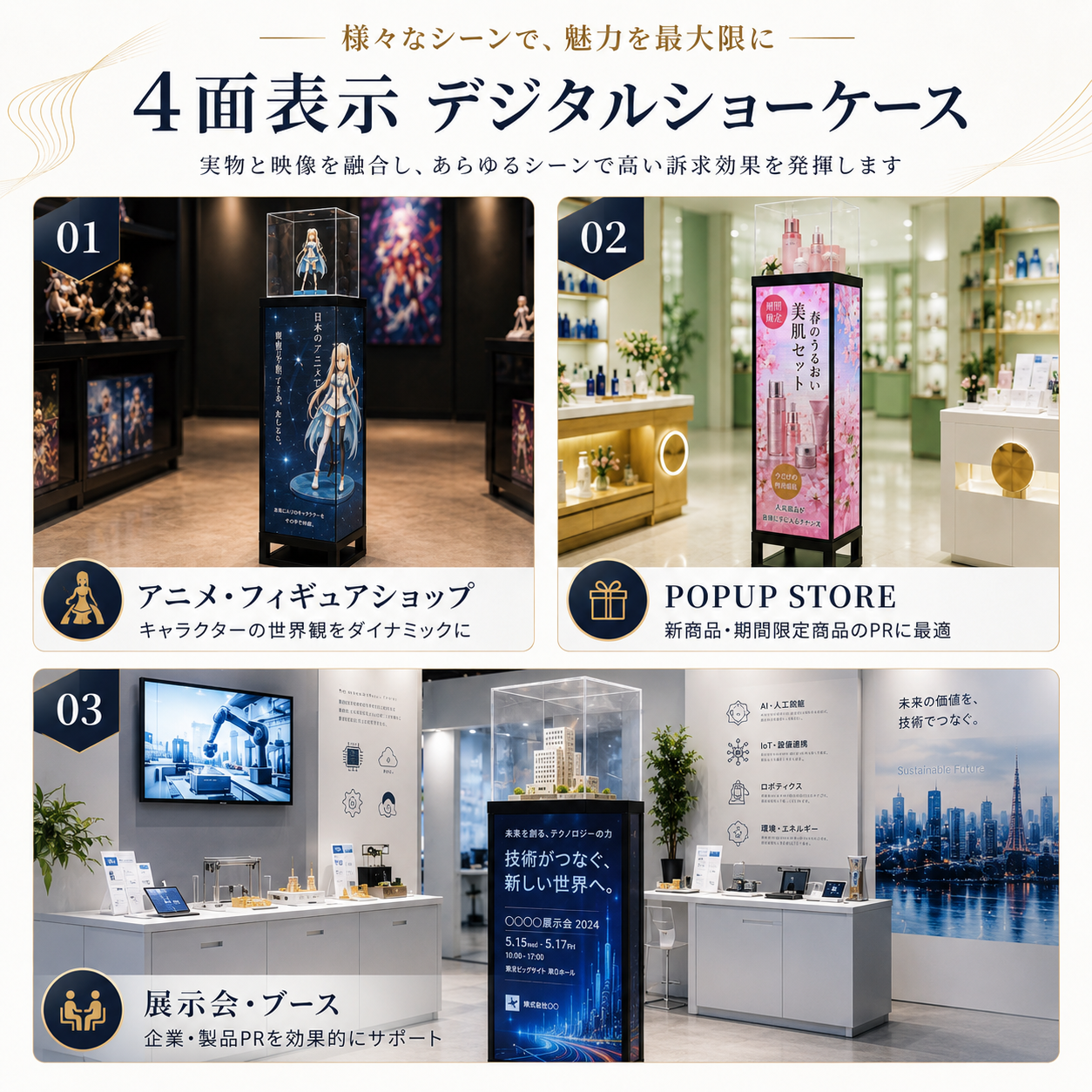 展示物× 4面表示LEDディスプレイデジタル アクリルショーケース付き4FDSP-1415
