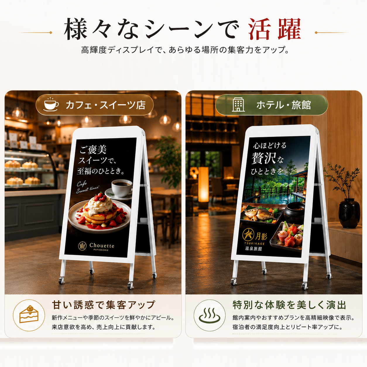 キャスター付き屋外仕様両面表示43インチ画面A型デジタルサイネージ