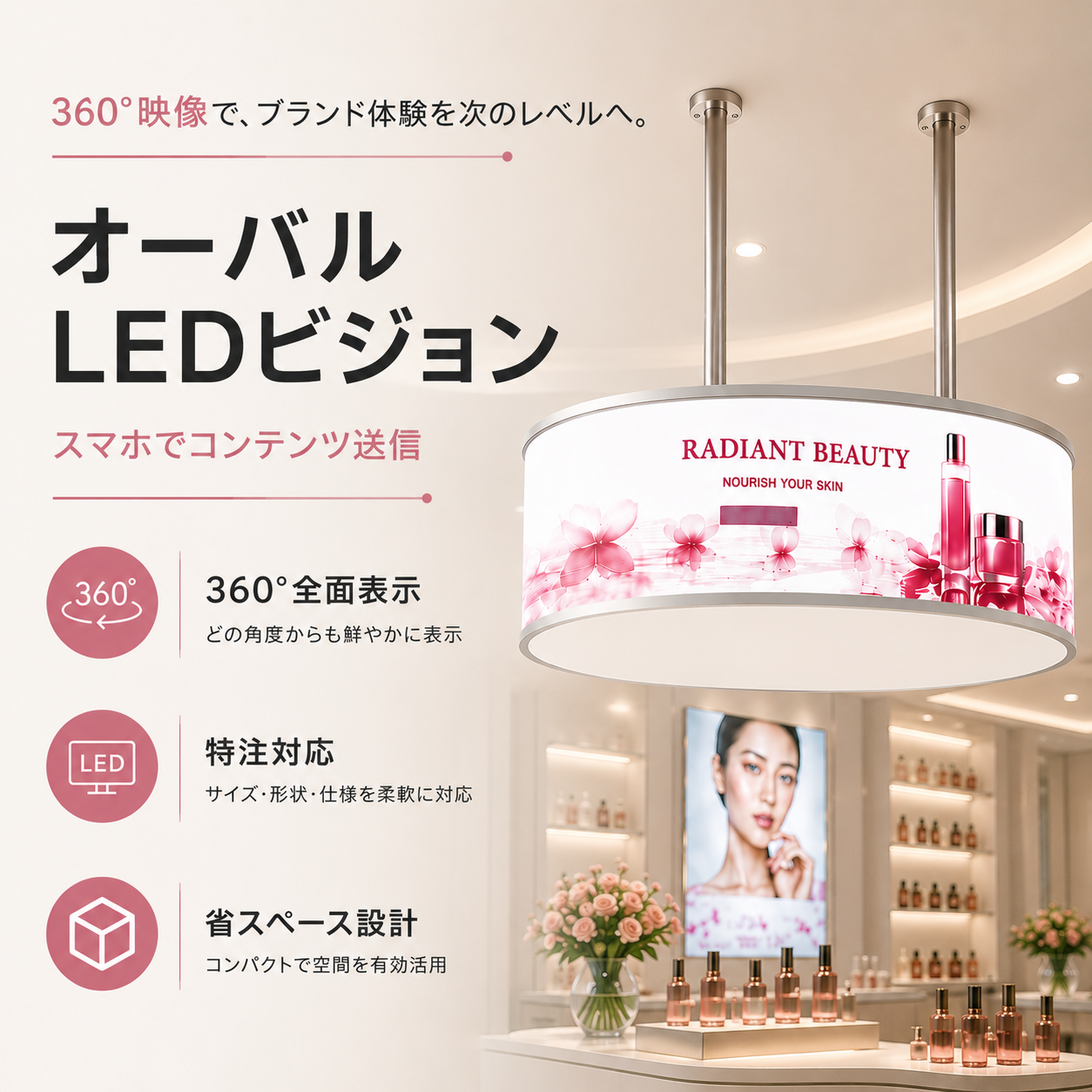 360度表示可能吊り下げタイプオーバル LEDビジョン VioraSignageデジタルサイネージ送信App対応　施工対応
