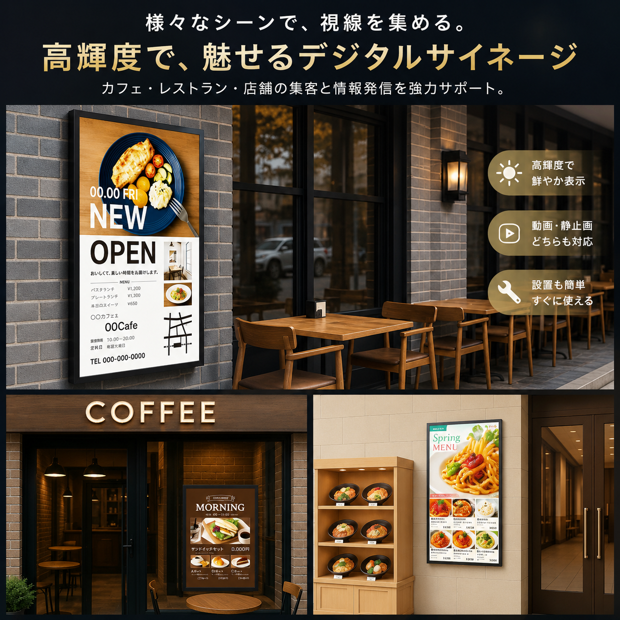 屋外対応大画面インパクト75インチ　2500輝度 デジタルサイネージ 壁付け金具付き VioraSignageデジタルサイネージ送信App対応