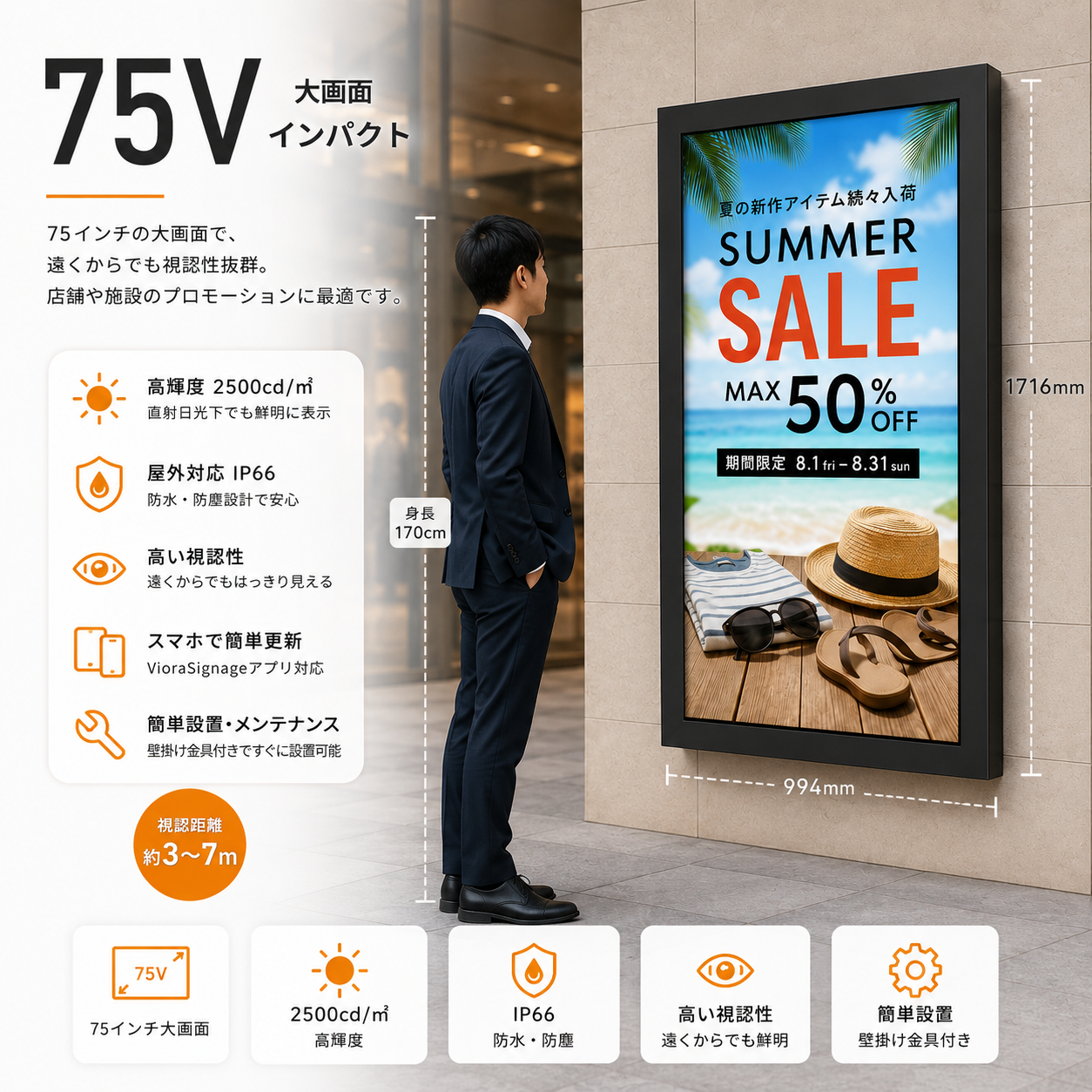 屋外対応大画面インパクト75インチ　2500輝度 デジタルサイネージ 壁付け金具付き VioraSignageデジタルサイネージ送信App対応