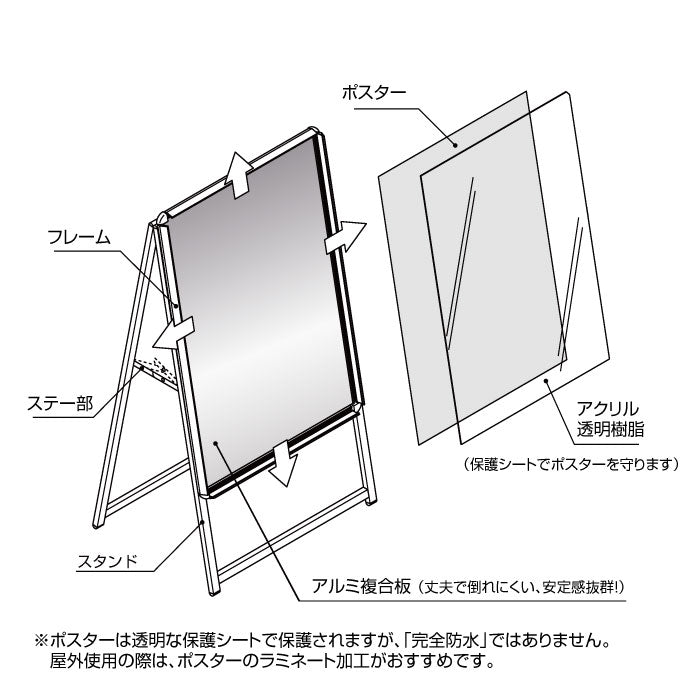 A型スタンド看板 標準タイプ 複数展示用 A1・A2 片面 シルバー a2a1-s