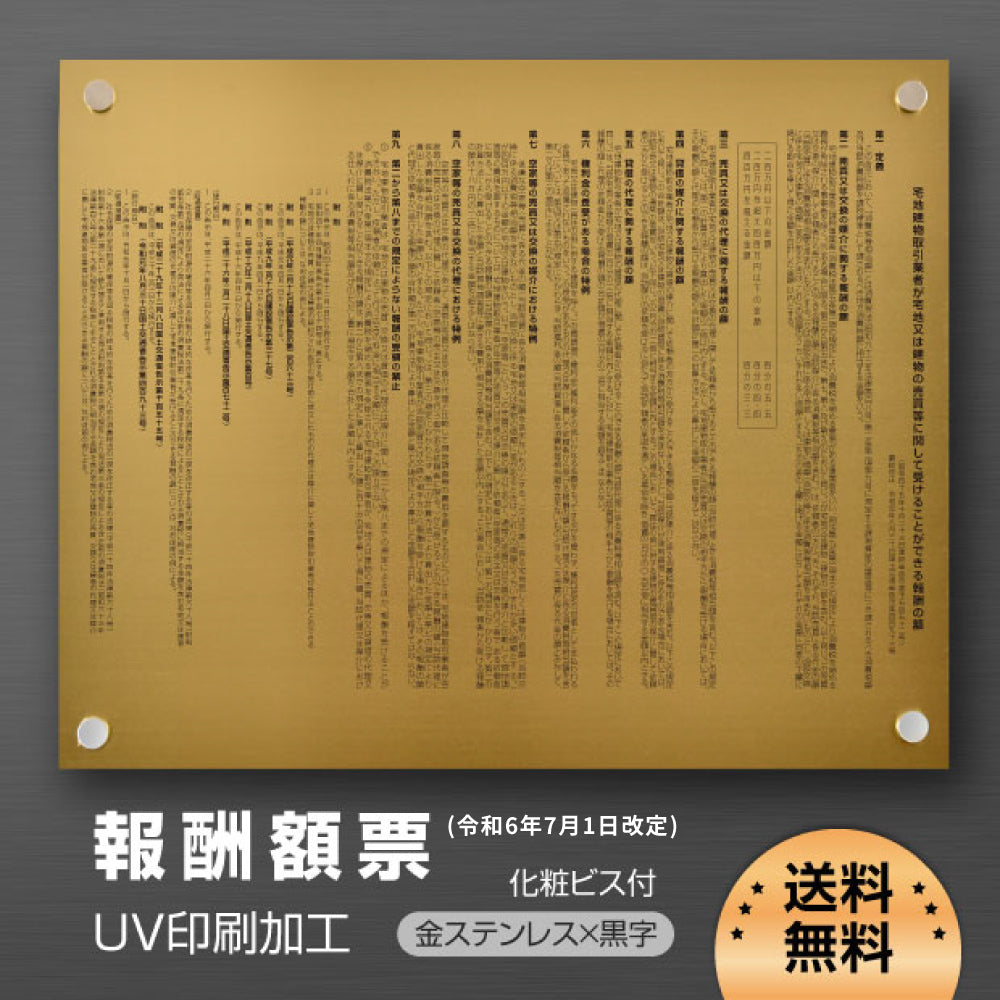 【令和6年7月1日改訂版】報酬額票 約W515mm×H364mm×t1mm ステンレス板 「金看板+黒文字」 UV印刷加工 報酬の額 看板 宅地 建物 取引業者 標識 b-stl-g