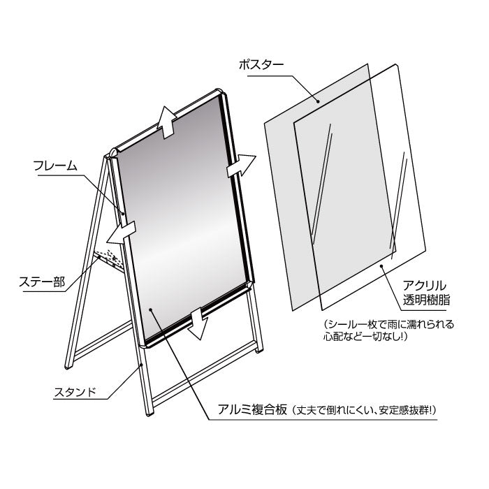 A型スタンド看板 標準タイプ C1 片面 シルバー・ブラック・木目 c1-s