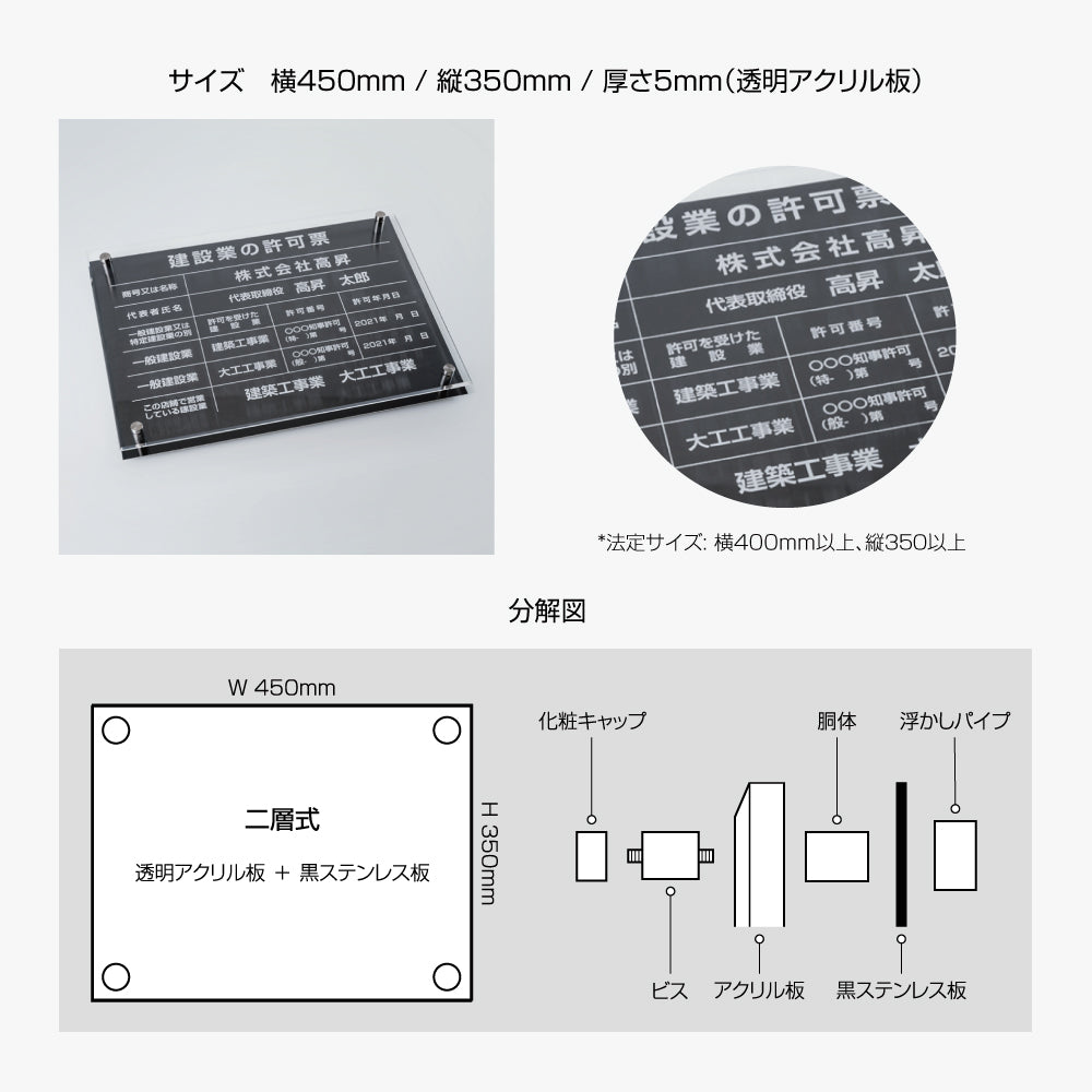 宅地建物取引業者票【黒ステンレス×アクリル板】横450×縦350×厚さ5mm  お洒落な二層式許可票  gs-pl-tr-t-black