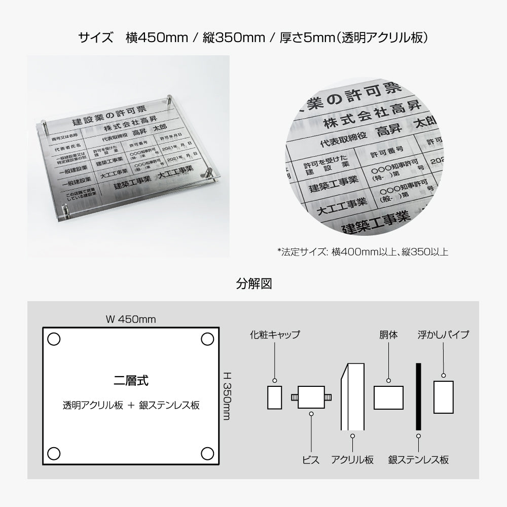 宅地建物取引業者票【金銀ステンレス×アクリル板】横450×縦350×厚さ5mm  許可票  gs-pl-tr-t-sil