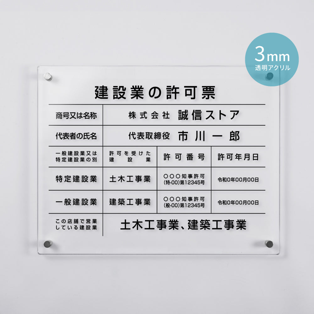 建設業の許可票 看板  W450mm×H350mm×t3mm 許可票 文字入れ無料 【内容印刷込み】gspl-3rb