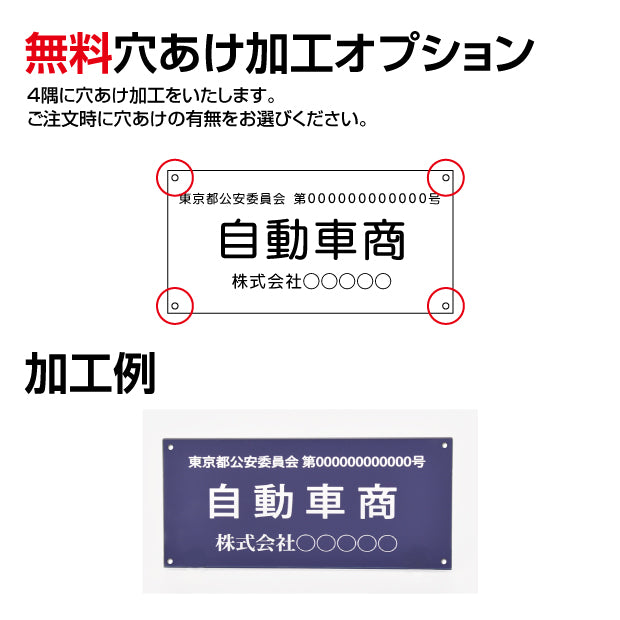 古物商プレート アクリル製 レーザー彫刻 約W160×H80mm 紺色 壁掛け用穴ありタイプ 警察 公安委員会指定 古物商 許可証 格安 標識 l-curio-navy-hole