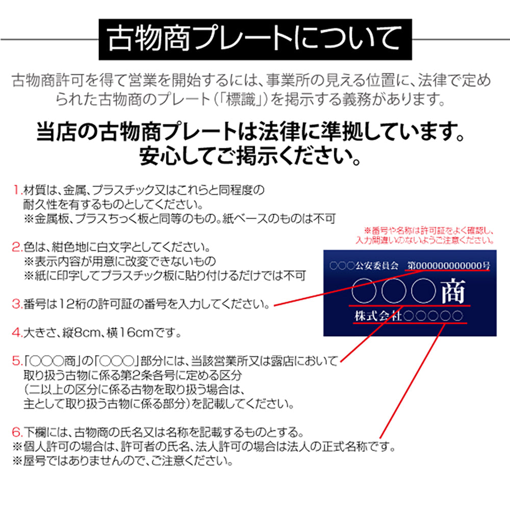 古物商プレート アクリル製 レーザー彫刻 約W160×H80mm 紺色 壁掛け用穴ありタイプ 警察 公安委員会指定 古物商 許可証 格安 標識 l-curio-navy-hole