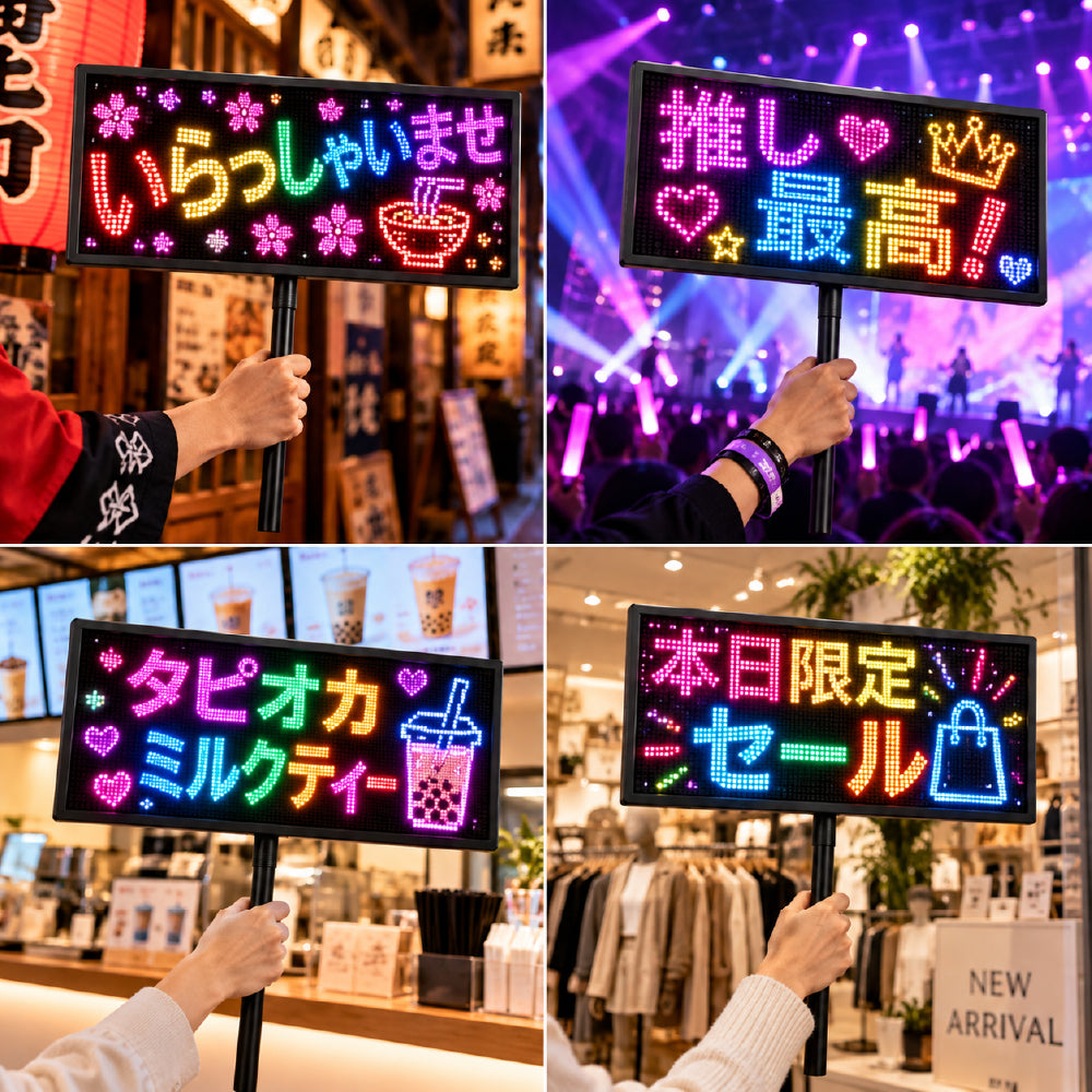 LEDうちわ 応援ボード 手持ち LEDパネル スマホ操作 リモコン 伸縮式 58.5-90cm IP65防水 高輝度 文字 アニメーション ライブ イベント 看板 led-hs