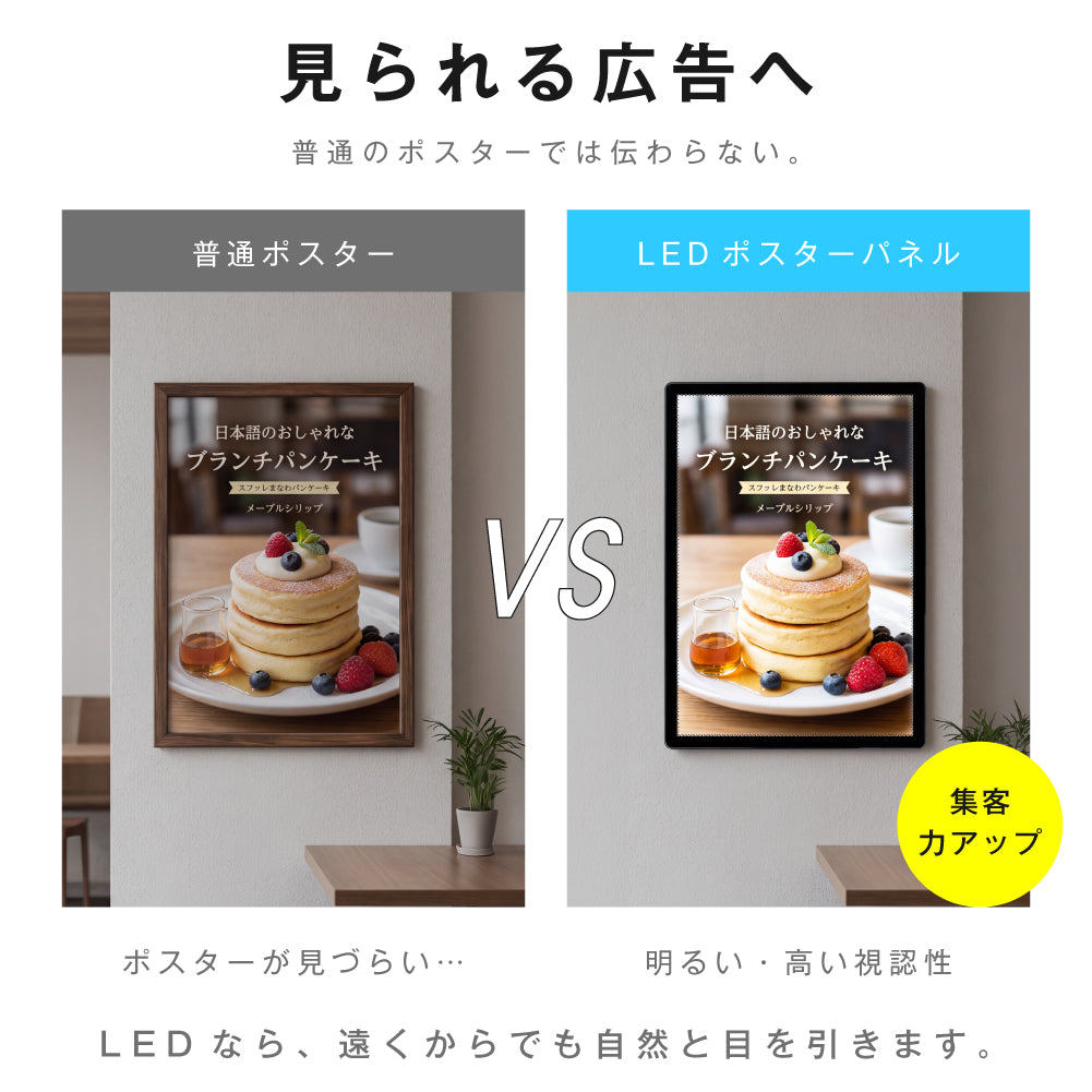 LEDポスターパネル 50×70cm 超薄型9mm 壁掛け 高輝度5000lux 縦横設置 光るポスターフレーム ライトパネル 店舗 看板 電飾 メニューボード led-pu-5070